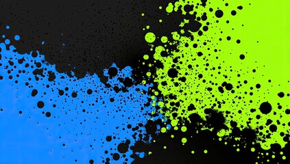 Poster - Abstract splatter of vibrant blue and lime green paint on a dark background.  Circular droplets and splatters create a dynamic visual effect