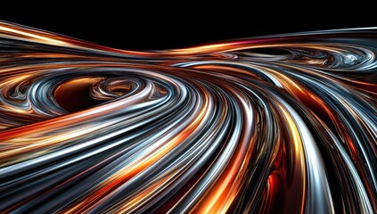 Poster - Abstract, flowing metallic forms in swirling, dynamic patterns of orange, silver and dark colors.  Detailed, complex textures create a sense of movement and energy