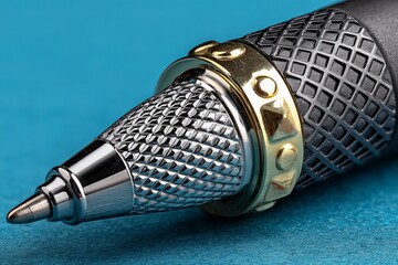 Aufkleber - Close-up view of an elegant pen highlighting its intricate design and detailing on a vibrant blue background