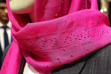 Poster - Stylish pink scarf displayed on mannequin showcases intricate design and elegance in a busy boutique setting