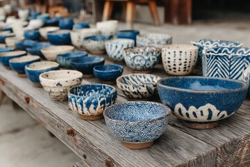 Aufkleber - Beautiful handcrafted ceramic bowls displayed on a rustic wooden table at a pottery market
