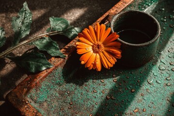 Aufkleber - Bright orange flower resting on an old green tray with water droplets in soft light