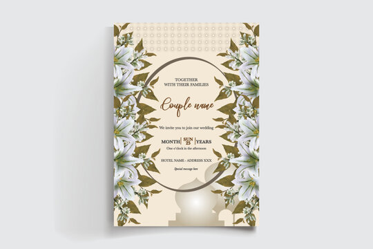 WEDDING INVITATION FRAME WITH FLOWER DECORATIONS AND FRESH LEAVES