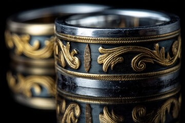 Poster - Elegant decorative rings displaying intricate designs in gold and silver against a reflective black background