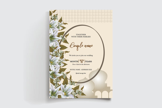 WEDDING INVITATION FRAME WITH FLOWER DECORATIONS AND FRESH LEAVES