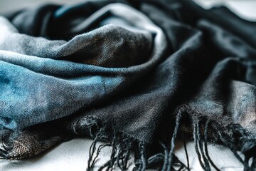 Leinwandbilder - Soft textured scarf displaying shades of blue and black draped over a light surface in a cozy setting