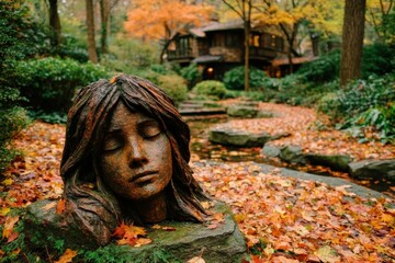 Poster - Autumn serenity in a tranquil garden with a serene sculpture surrounded by colorful leaves