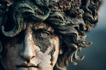 Poster - Intricate stone sculpture with detailed features observing the surrounding nature at dawn in an outdoor garden setting