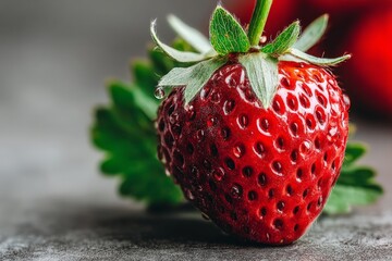 Poster - Fresh, ripe strawberry close up resting on a textured surface with green leaves and more strawberries in the background