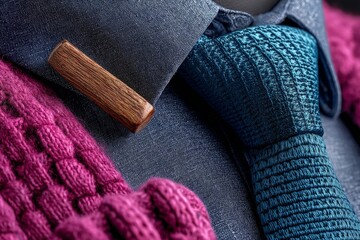 Poster - Detail of an elegant outfit showcasing a knitted tie and a textured sweater during a stylish event in fall fashion