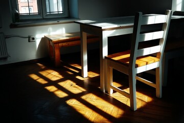 Aufkleber - Natural light streams through a window illuminating a wooden table and chairs in a cozy interior space