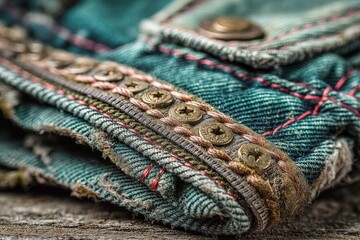 Poster - Denim fabric with intricate stitching and metal buttons displayed on a wooden surface