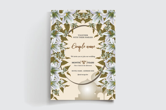 WEDDING INVITATION FRAME WITH FLOWER DECORATIONS AND FRESH LEAVES