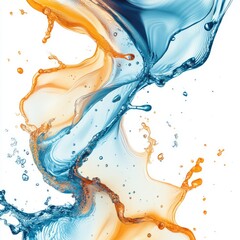 Poster - Abstract water splash, vibrant colors, dynamic motion.  Splashes of blue and orange liquid in mid-air,  flowing forms