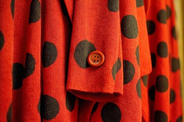 Poster - Red wool fabric with black polka dots draped elegantly, showcasing a vibrant style perfect for autumn fashion