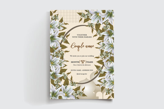 WEDDING INVITATION FRAME WITH FLOWER DECORATIONS AND FRESH LEAVES