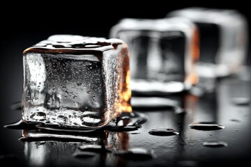 Poster - Ice cubes melting on a reflective surface in a dimly lit setting during the evening
