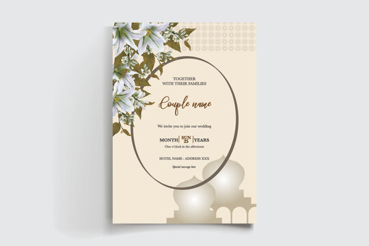WEDDING INVITATION FRAME WITH FLOWER DECORATIONS AND FRESH LEAVES