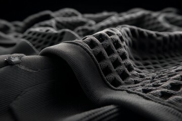 Poster - Textured black fabric showcasing intricate patterns and depth in close-up view during a studio shoot