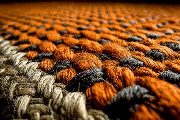 Leinwandbilder - Textured woven fabric showcasing warm hues of orange, black, and gray in a close-up view highlighting craftsmanship