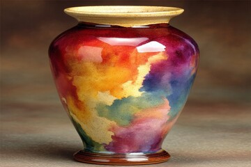 Fototapete - Colorful ceramic vase showcasing vibrant swirls and intricate patterns in a studio setting