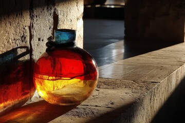 Poster - Colorful glass bottle displayed on a stone surface in warm evening light in an artistic setting