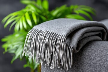 Poster - Soft gray blanket draped elegantly over a couch near a lush green plant indoors