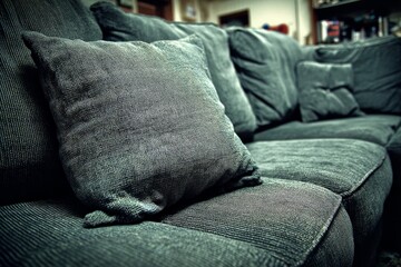 Poster - Cozy living room sofa with soft pillows in a modern home interior setting