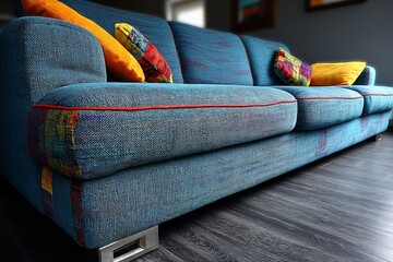 Poster - Cozy living room with vibrant blue couch and colorful pillows during the afternoon