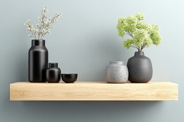 Poster - Modern decorative shelf display with vases and greenery in a minimalistic interior setting