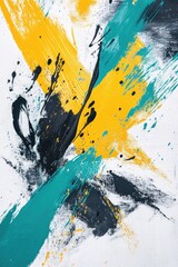 Poster - Abstract painting with bold, dynamic brushstrokes of yellow, teal, and black.  Splashes and streaks of color on a white background create a vibrant, energetic composition