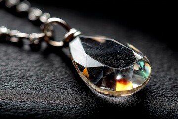 Poster - Close-up view of a shimmering crystal pendant on a delicate chain against a dark background