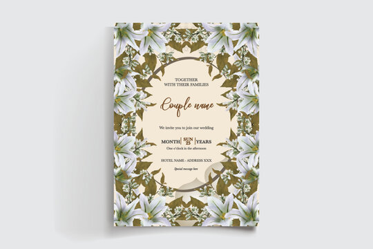 WEDDING INVITATION FRAME WITH FLOWER DECORATIONS AND FRESH LEAVES