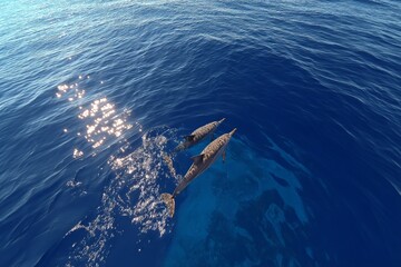 Poster - Two dolphins swimming in clear ocean waters under bright sunlight near a tropical shore
