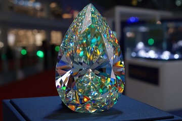 Poster - Sparkling teardrop-shaped crystal displayed at an exhibition in a vibrant urban setting during evening hours