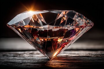 Poster - Sparkling diamond on wooden surface reflecting light during indoor setting