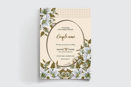 WEDDING INVITATION FRAME WITH FLOWER DECORATIONS AND FRESH LEAVES