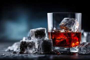 Poster - Enjoying a glass of whiskey with ice at a cozy bar in the evening