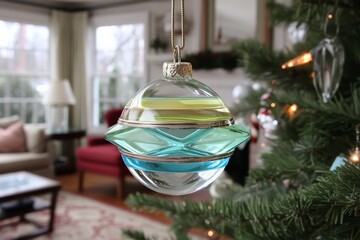 Aufkleber - Colorful glass ornament hanging on a Christmas tree in a cozy living room decorated for the holidays