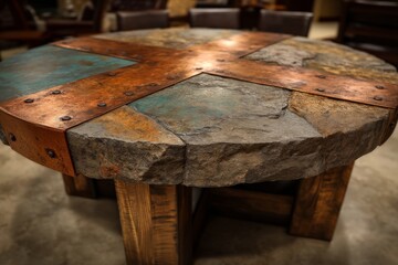 Aufkleber - Rustic stone and metal table design showcases craftsmanship in a cozy workshop setting