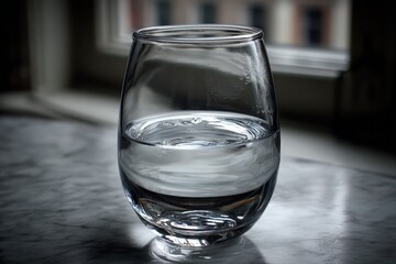 Poster - Clear glass of water sits on a marble surface beside a window with soft natural light illuminating it