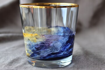Leinwandbilder - Elegant glass with swirling colors of blue, gold, and purple displayed on soft fabric surface