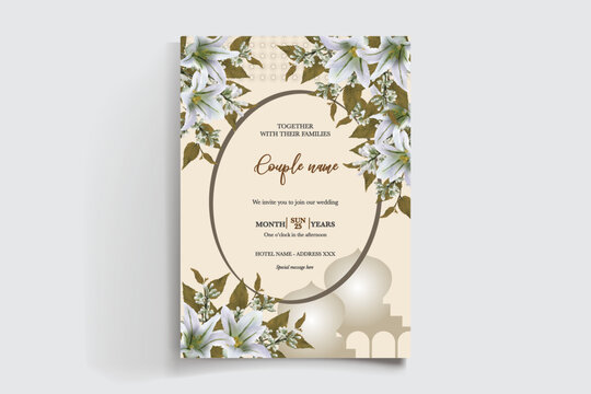 WEDDING INVITATION FRAME WITH FLOWER DECORATIONS AND FRESH LEAVES