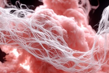 Poster - Colorful wispy fibers blend amidst a soft pink cloud creating a surreal atmosphere in an artistic display