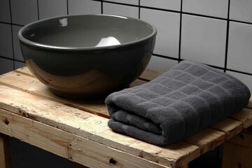 Aufkleber - Modern bathroom setup featuring a stylish bowl and neatly folded towel on a wooden crate in a chic environment