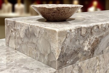 Poster - Decorative stone countertop with unique bowl at modern interior design exhibition in urban setting