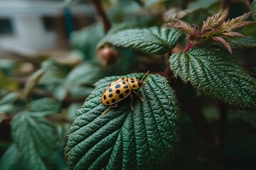 Poster - Yellow and black spotted beetle resting on green leaf in a garden setting by a quiet residential area