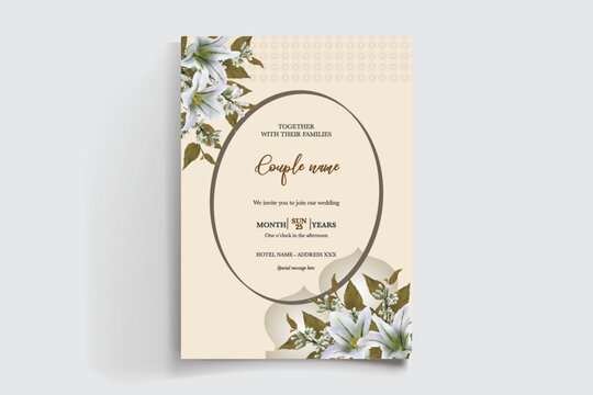 WEDDING INVITATION FRAME WITH FLOWER DECORATIONS AND FRESH LEAVES