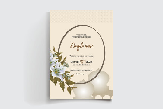 WEDDING INVITATION FRAME WITH FLOWER DECORATIONS AND FRESH LEAVES