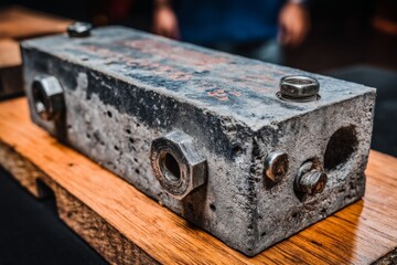 Leinwandbilder - Heavy metal block on wooden surface in workshop showcasing industrial craftsmanship and tools
